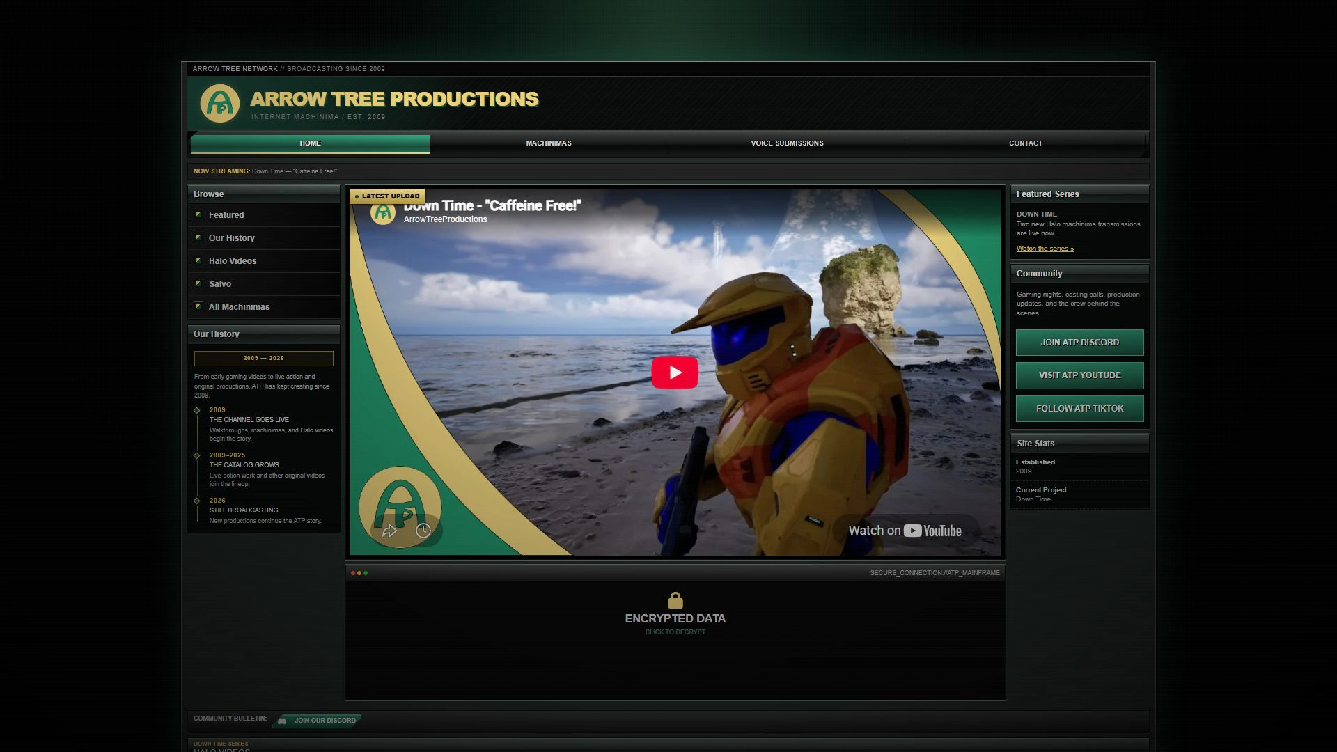 Arrow Tree Productions: Portal navigation and embedded latest video