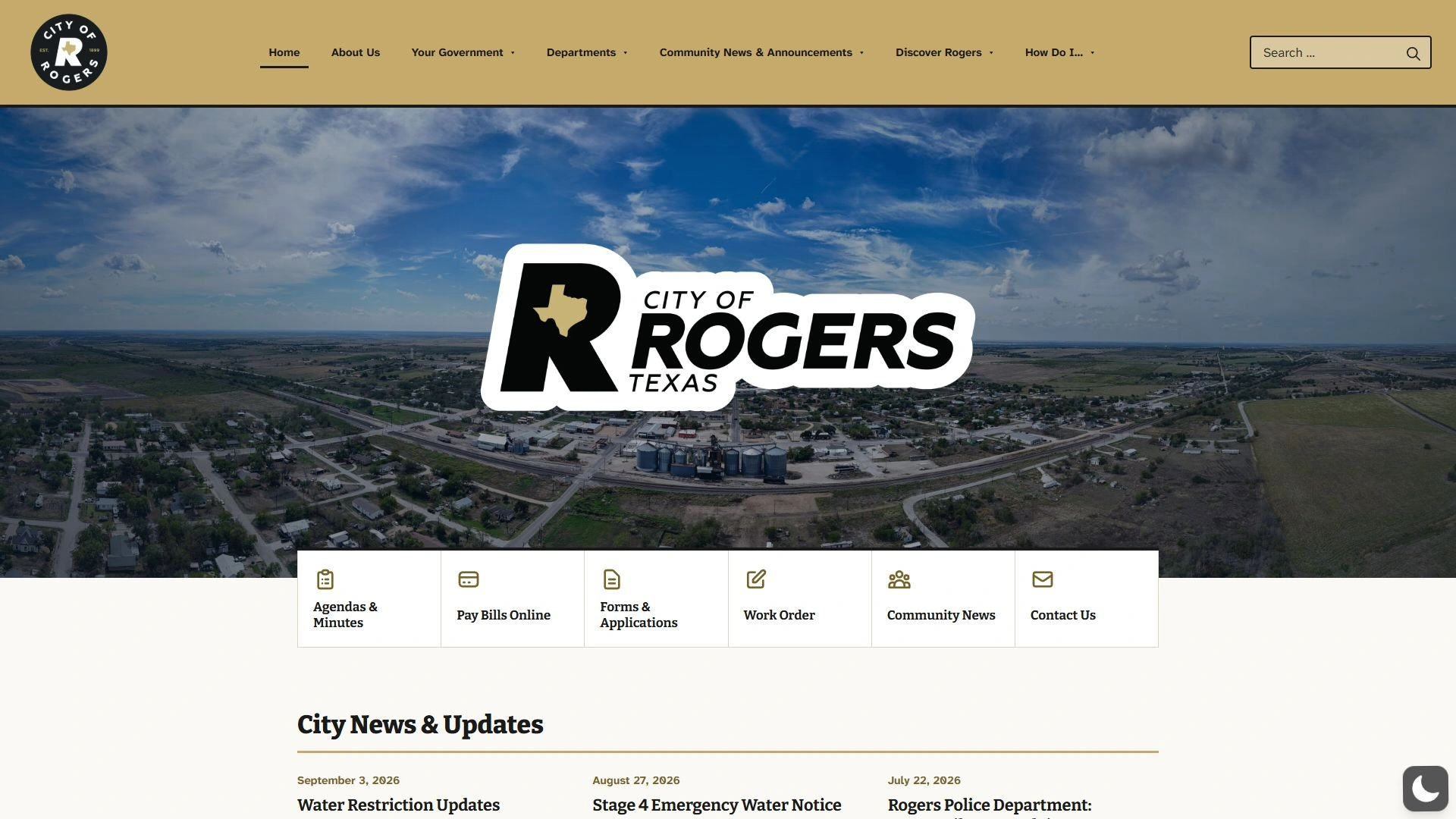City of Rogers: Homepage aerial hero, quick links, city news