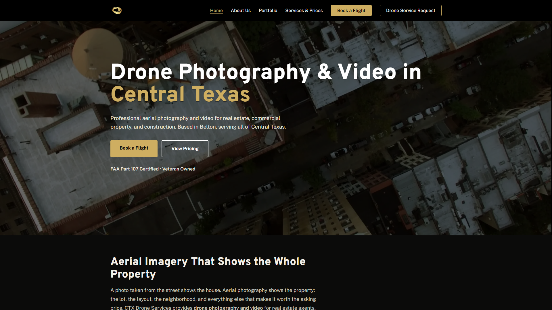 CTX Drone Services homepage with aerial video imagery and booking navigation