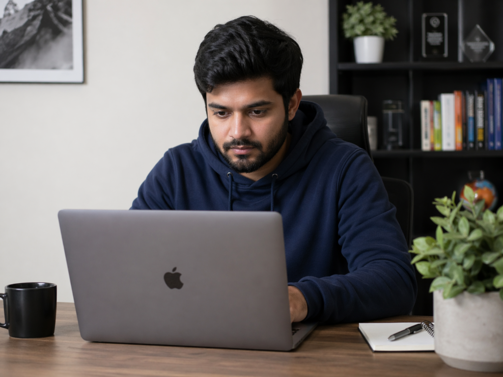 man looking at a laptop
